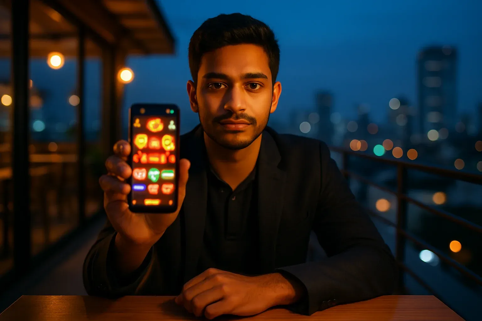 Young professional in Dhaka rooftop cafe showing blurred casino app on smartphone