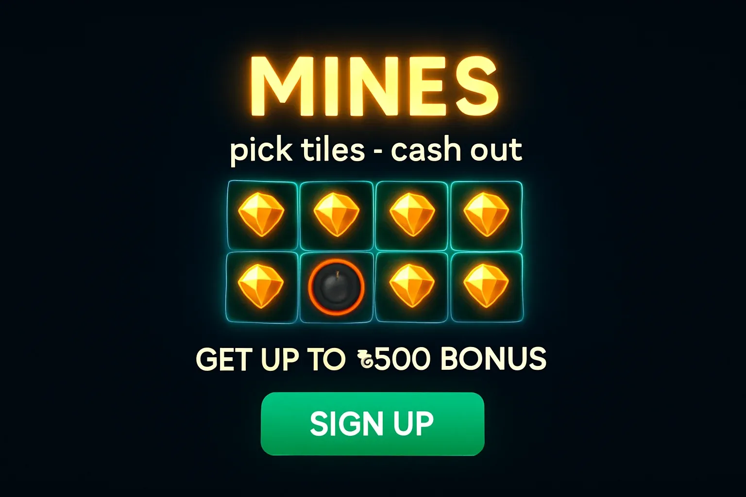 Mines game banner with glowing grid, gold gems, and green CTA button