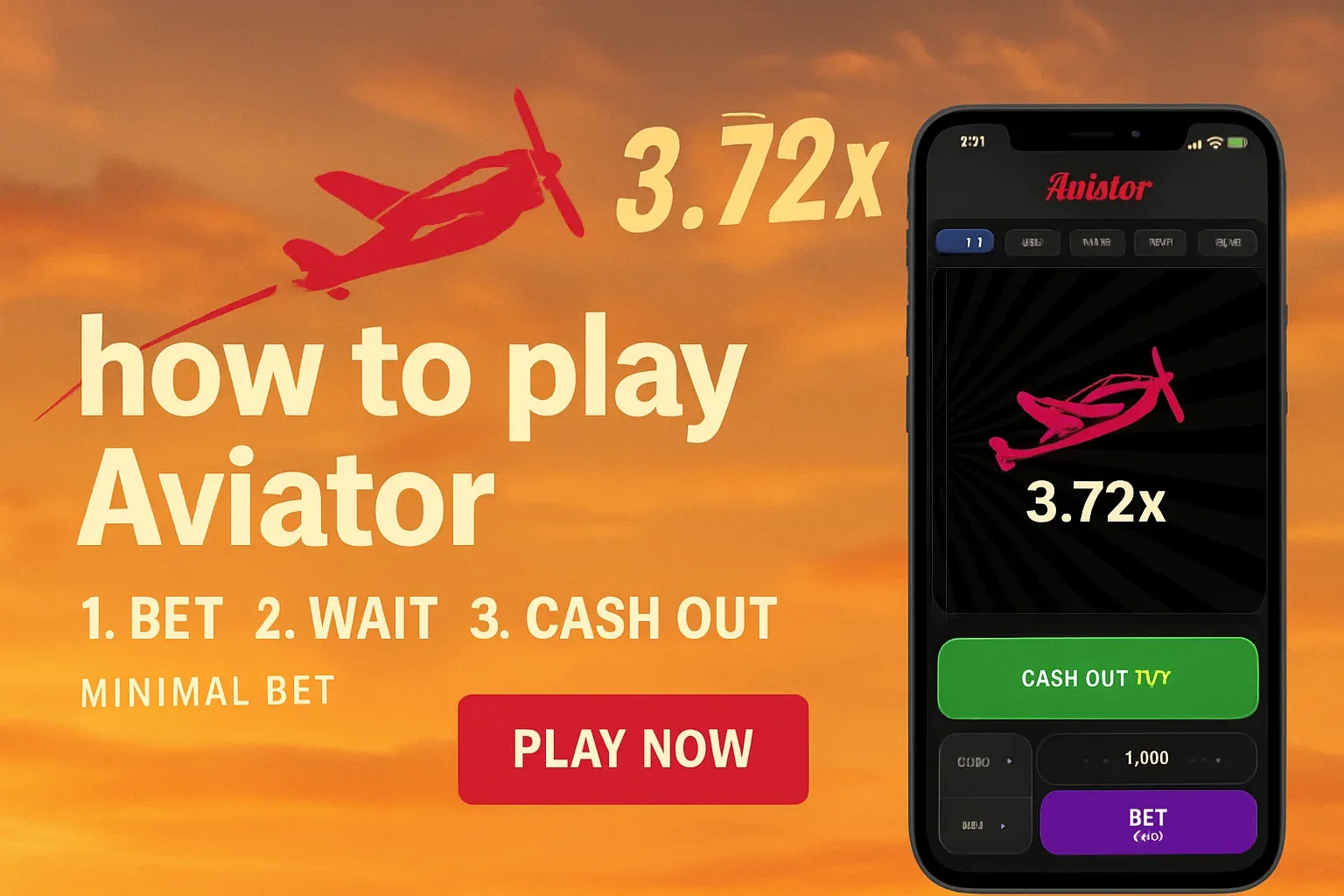 Aviator how-to banner with red plane, 3.72x multiplier, and steps