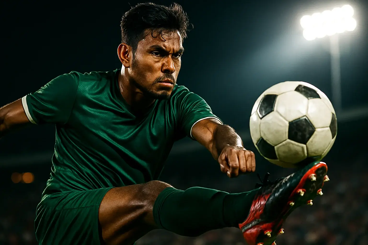 Bangladeshi male footballer in dark green jersey performing powerful volley kick