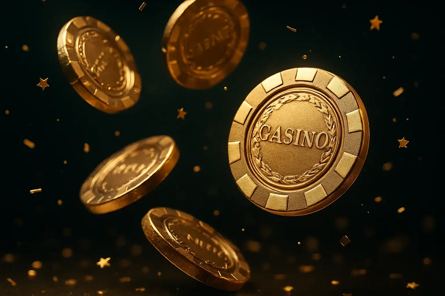 Hyperrealistic golden casino chips raining with bonus stars on dark emerald background
