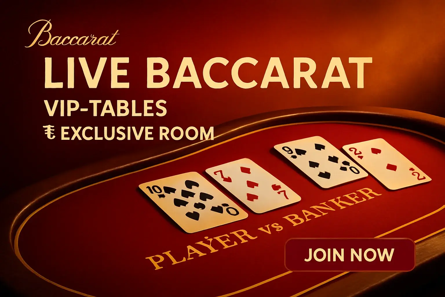 Luxury red and gold live baccarat banner with VIP tables and CTA