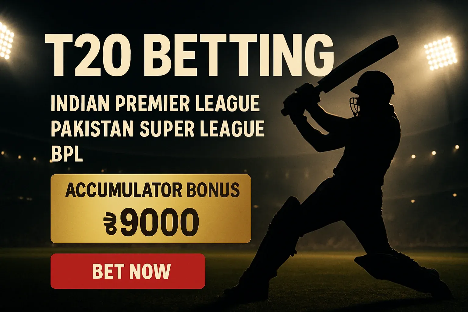 T20 cricket betting banner with batsman silhouette and accumulator bonus in BDT