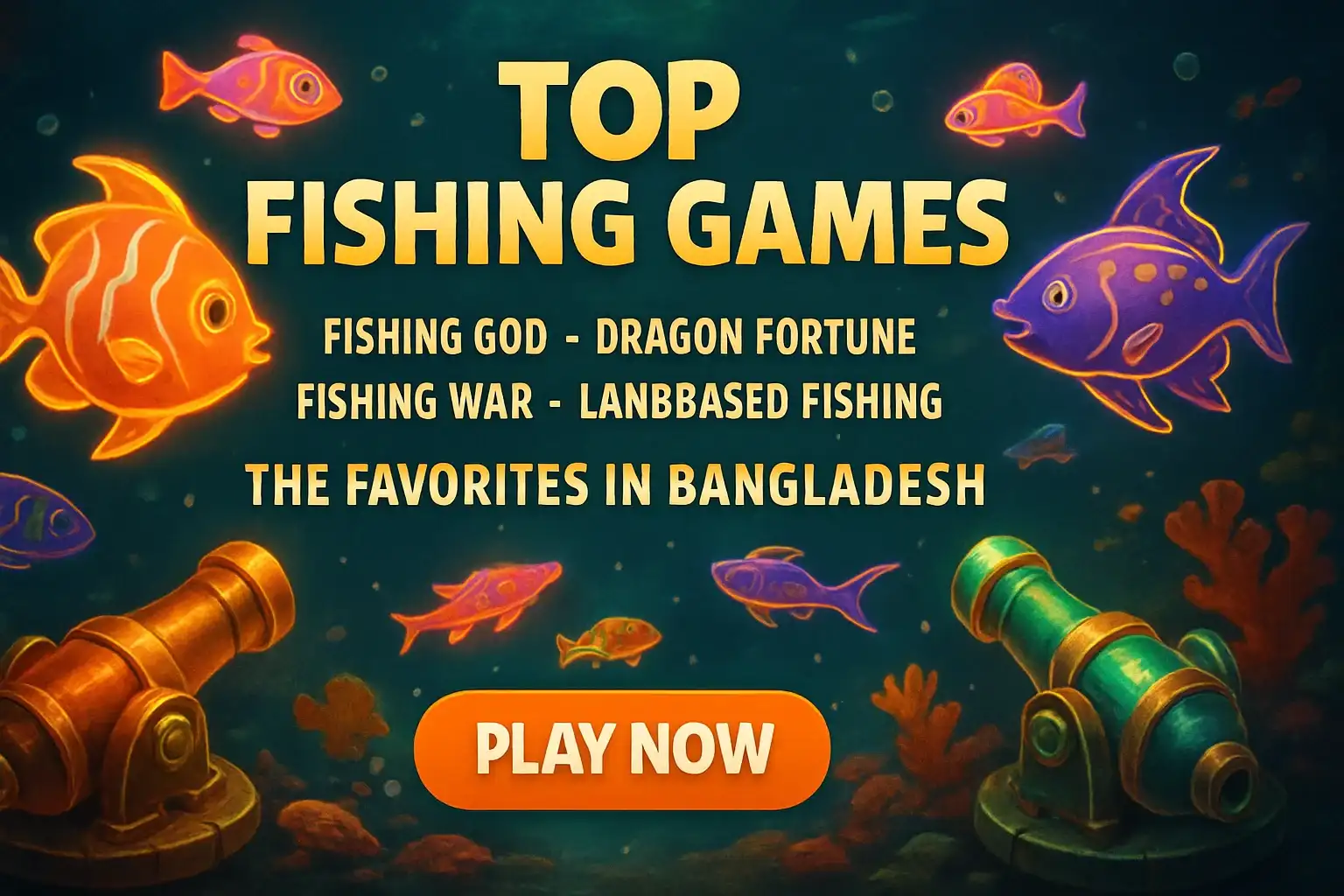 Colorful underwater fishing game banner with neon fish, cannon turrets, and CTA