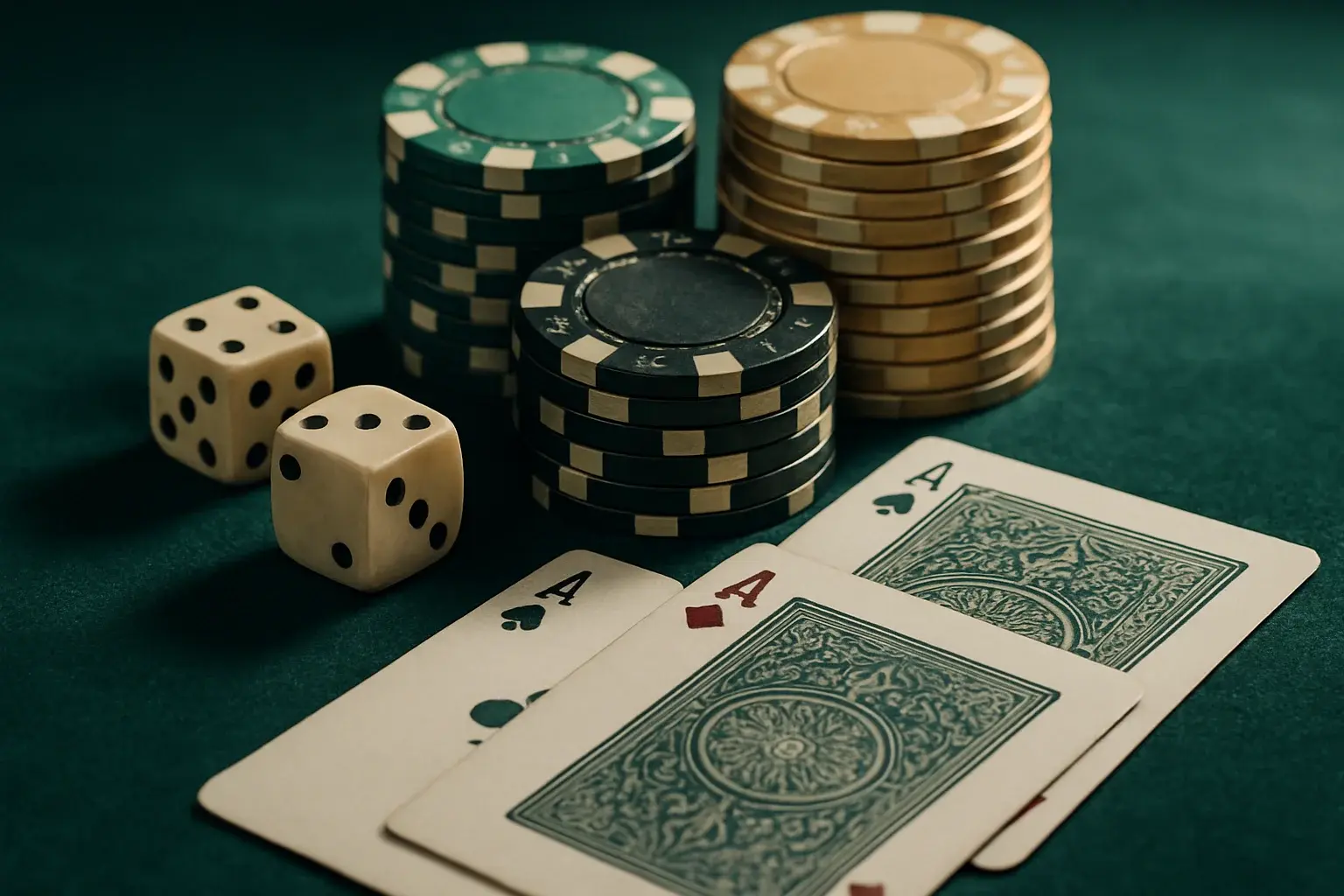 Hyperrealistic casino chips, cards, and dice on dark velvet under spotlight