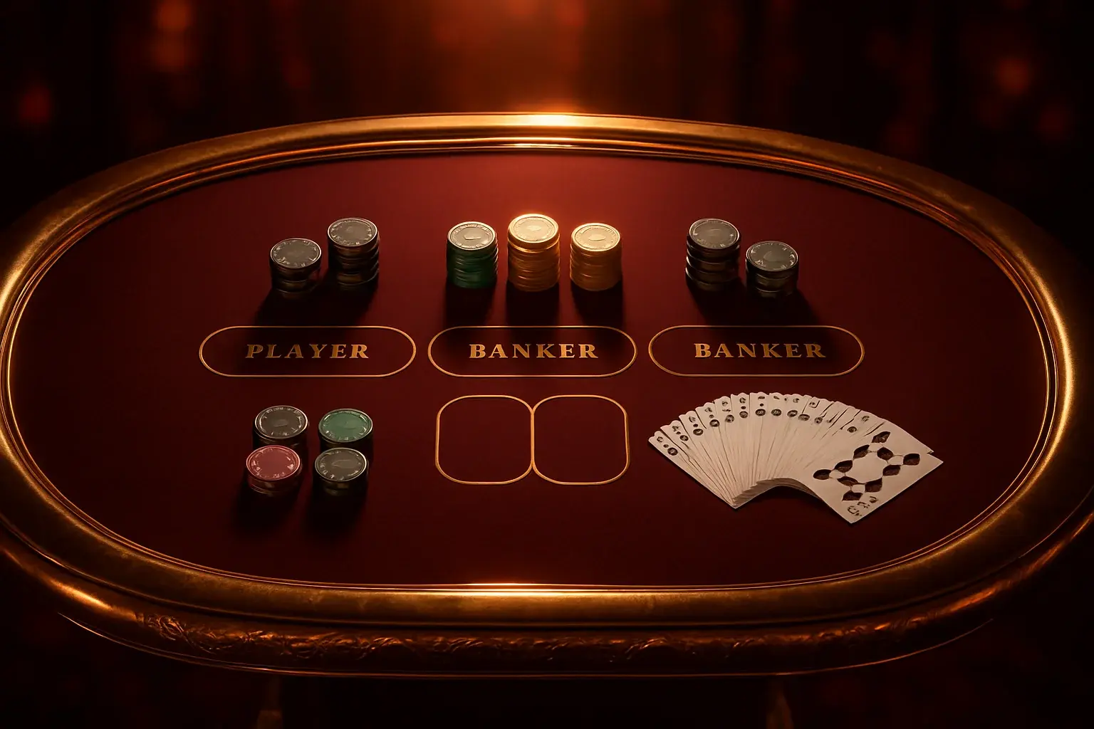 Wide shot of luxury live baccarat studio with gold table and chandeliers