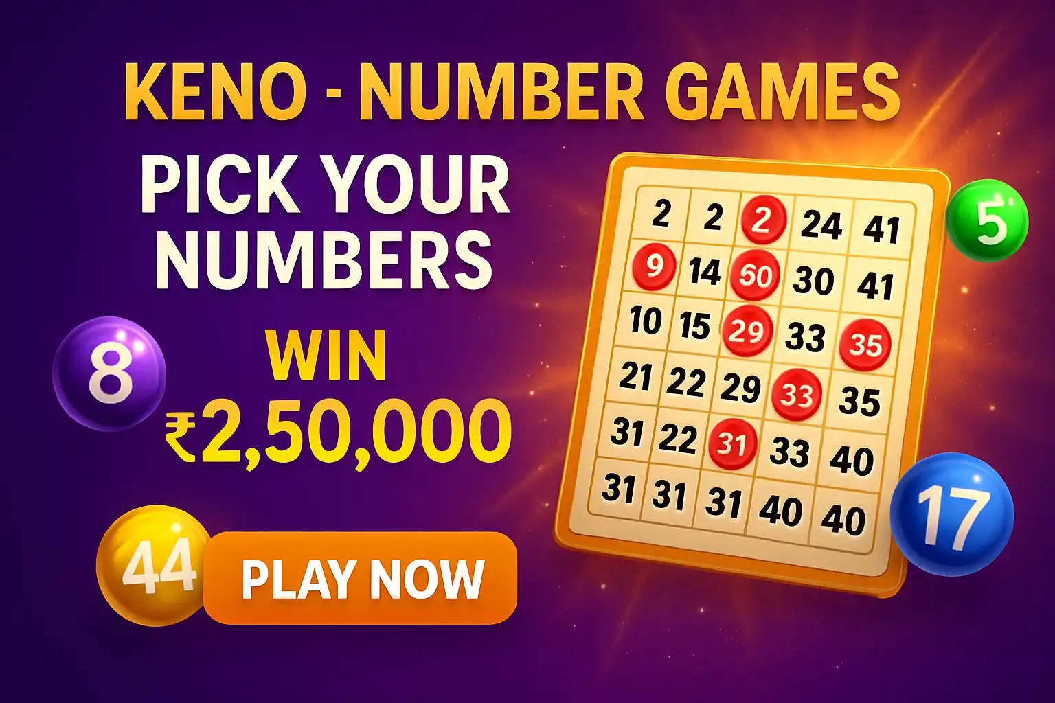 Keno number game banner with purple gold background, balls, grid, CTA