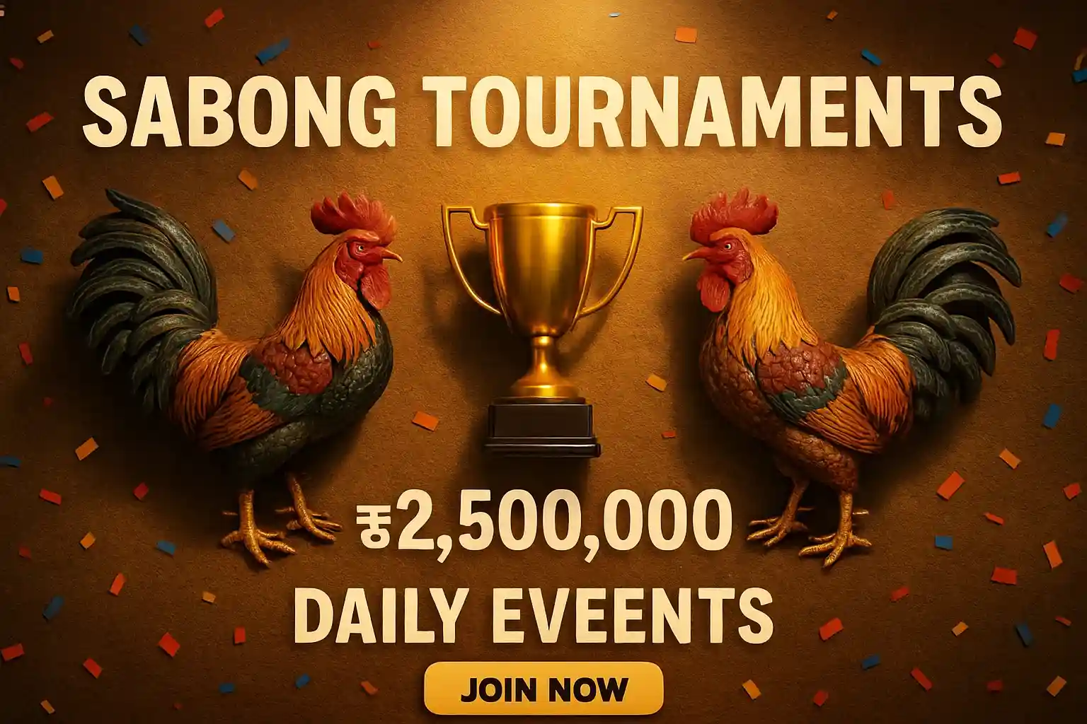 Sabong tournament banner with rooster figurines, trophy, confetti, and CTA button