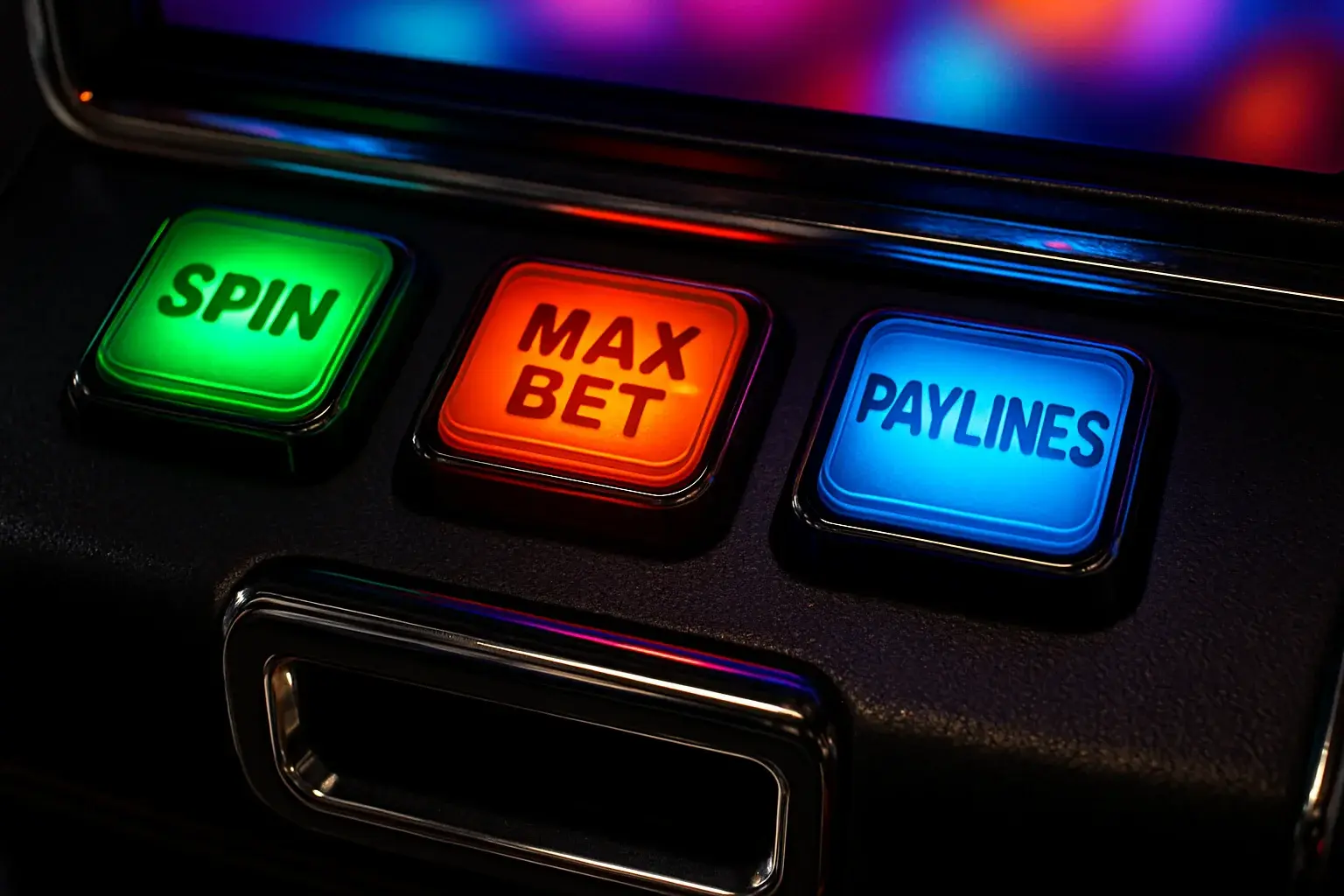 Macro photo of illuminated slot machine buttons with chrome and plastic textures